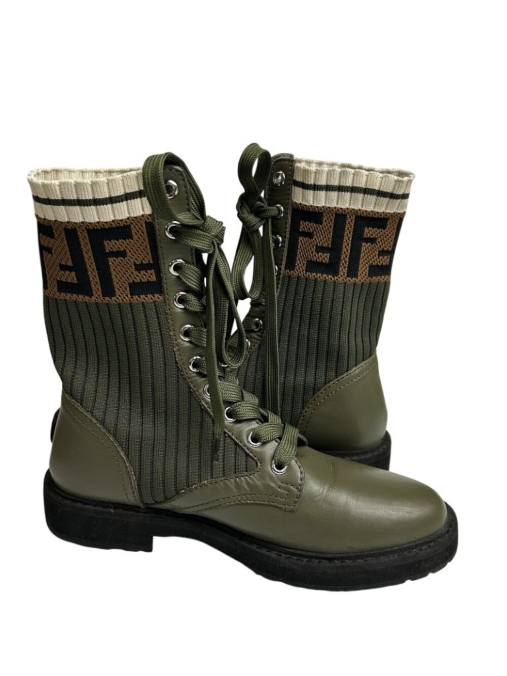 Fendi Rockoko Combat Green Leather Knit Boots Womens EU 37/US 7 Made In Italy - Picture 2 of 13